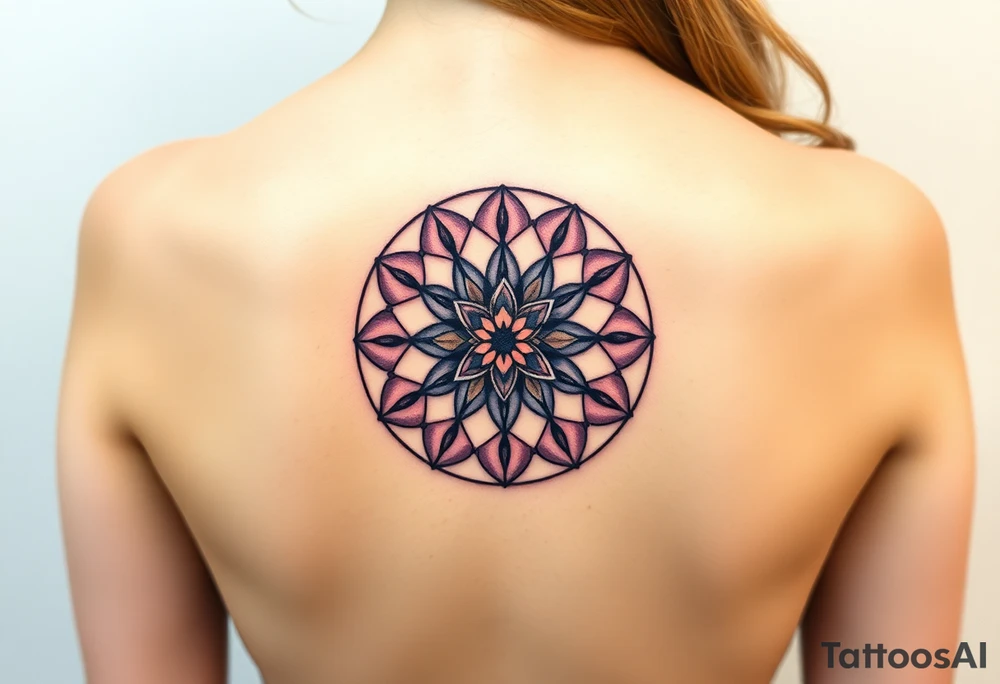 A symmetrical Flower of Life with hexagonal crystal and geometrical details in round cyrcle, enhancing its sacred geometric nature. tattoo idea