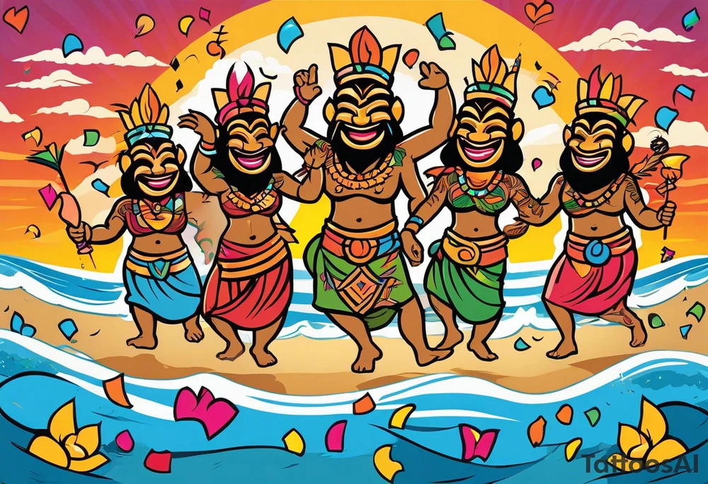 dancing tiki gods dance party on the beach with a sunset in the center of the image with confetti and music notes and tattoo idea