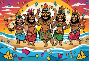 dancing tiki gods dance party on the beach with a sunset in the center of the image with confetti and music notes and tattoo idea