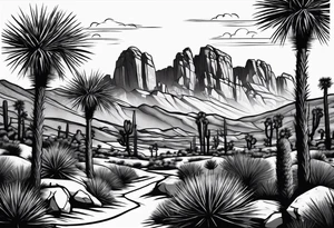 A dessert with joshua trees transitioning to pine trees and mountains tattoo idea