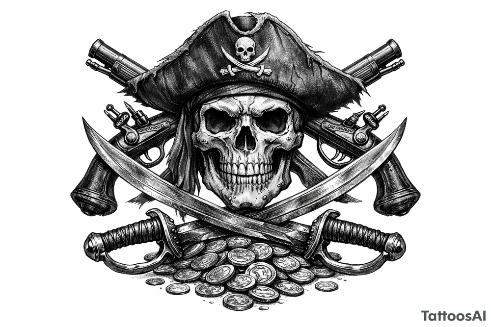 Black and grey skull with pirate hat, crossed flintlock pistols, sabers, and scattered gold coins. tattoo idea