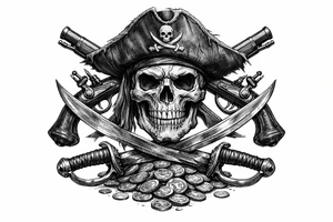 Black and grey skull with pirate hat, crossed flintlock pistols, sabers, and scattered gold coins. tattoo idea