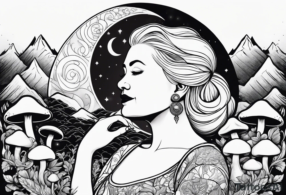 Older blonde fat woman no makeup surrounded by mushrooms mountains crescent moon background tattoo idea