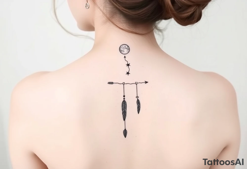 Narrow vertical memorial chain of symbols made of a moon, stars symbolizing loss, a brother and sister bond, and strength in a boho style following down the spine in with 3 vertical different lengths flowing lines made of a discreet connection of morse code ".--- .- --.     .-.. ... -.- .- .-.   -.. .. --.     .-.. .. .-.. .-.. . -... .-. --- .-. forming 3 arrow shapes connected to 3 flowing feathers hanging from the end of the morse code lines tattoo idea