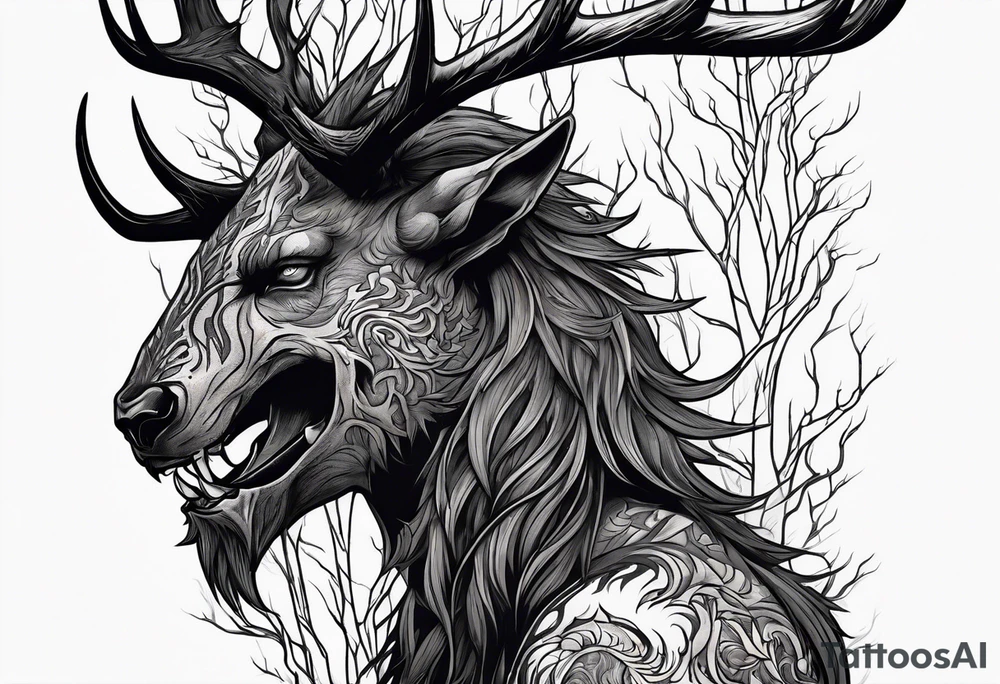 A scary dead lore accurate wendigo side profile surrounded by a forest fire in background tattoo idea