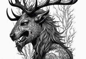 A scary dead lore accurate wendigo side profile surrounded by a forest fire in background tattoo idea