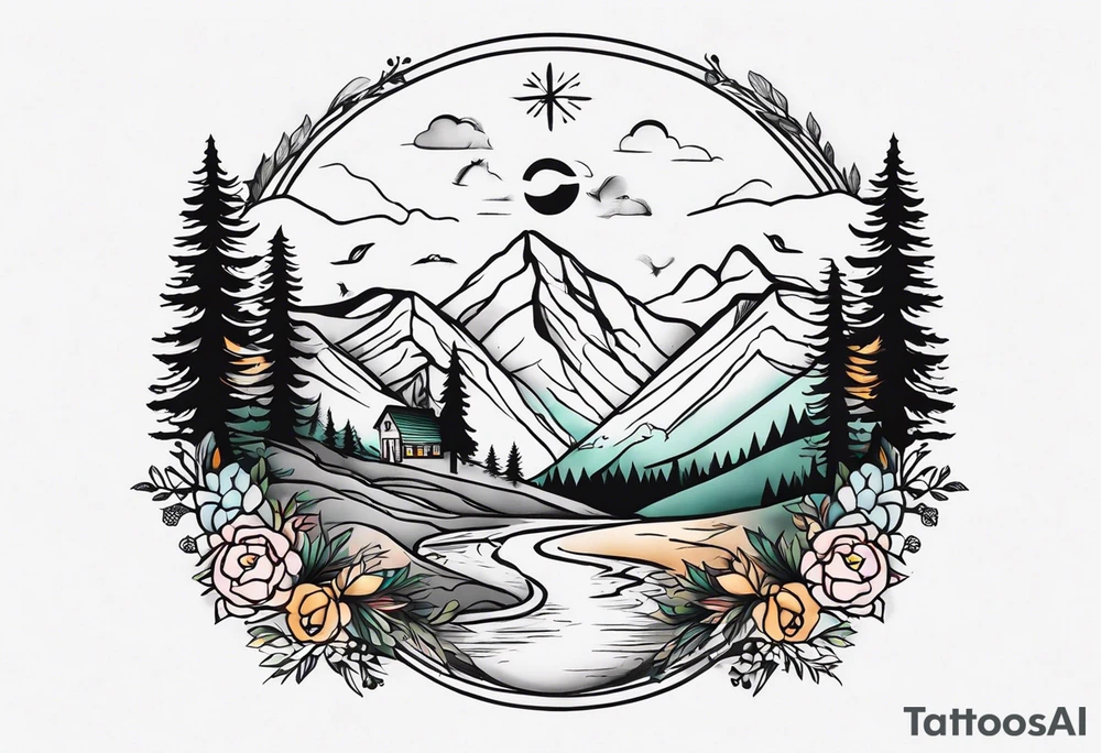 Full sleeve tattoo that symbolizes Family Love, memories of deceased family, mental health, adventure in mountains tattoo idea