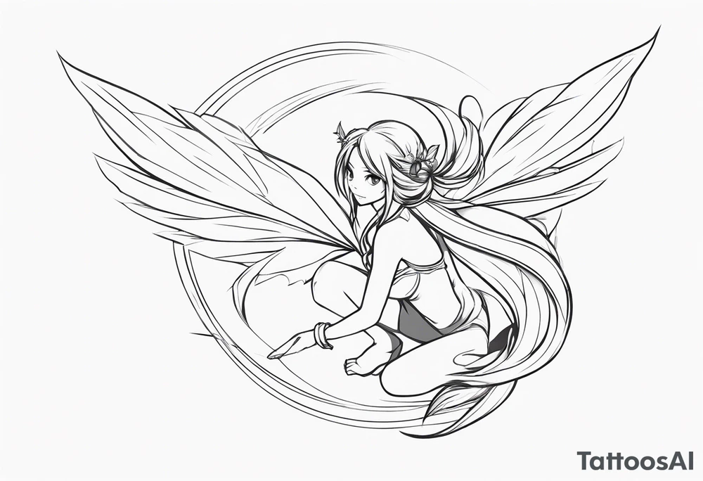 No color sketch of a fairy with a tail inspired by the guild symbol in the anime show called Fairy Tail in a fetal position leaning forward while crawled in and her body is an angle while floating in the air with big wings tattoo idea