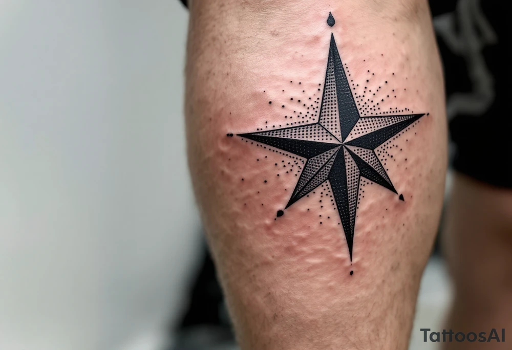 Bold black nautical stars centered on each kneecap, shaded for depth and symmetry, representing direction and resilience. tattoo idea