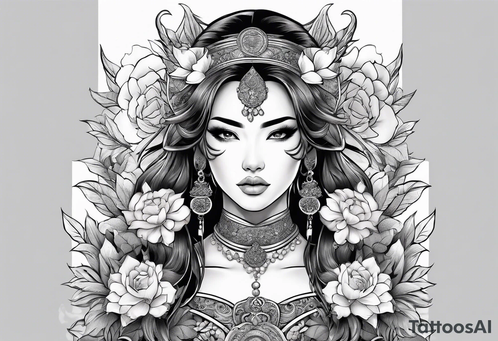 ornate beautiful woman warrior with weapon floral  tattoo tattoo idea