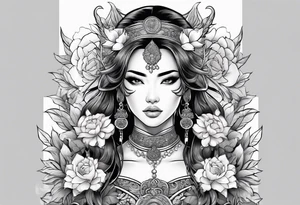 ornate beautiful woman warrior with weapon floral  tattoo tattoo idea