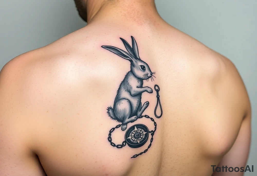 Small tattoo on the left forearm of a rabbit going down the rabbit hole with a compass dragging behind him attached to a chainbthat hooks around the rabbit tattoo idea