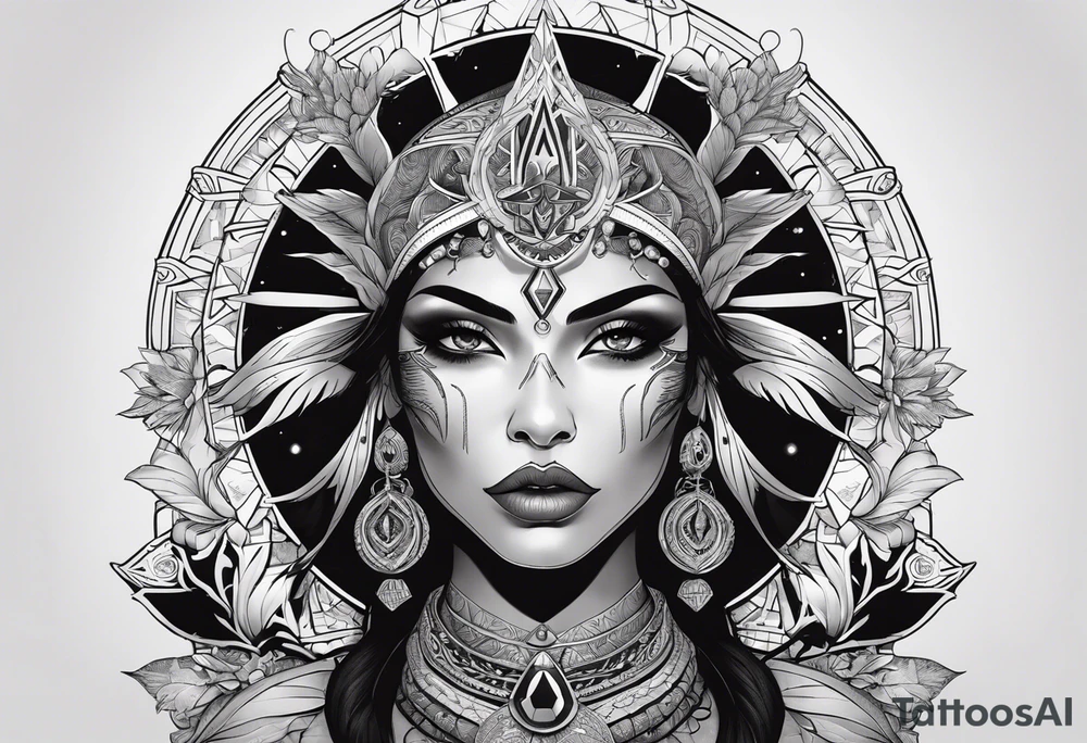 kali ma, alien goddess, valkrye, aries, pirate, divine feminine, zenza resonance, pachamama, lotus azul, blank panther, eagle, skull, 5D, nueva gaya, dna 12 tattoo idea