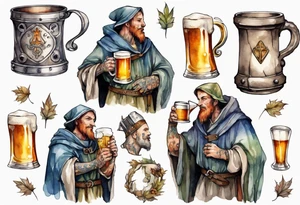 a medieval adlet wearing a tunic and drinking from a pewter mug of beer tattoo idea