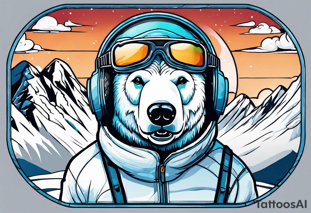 Polar bear wearing ski goggles standing in front of a mountain inside a snow globe tattoo idea