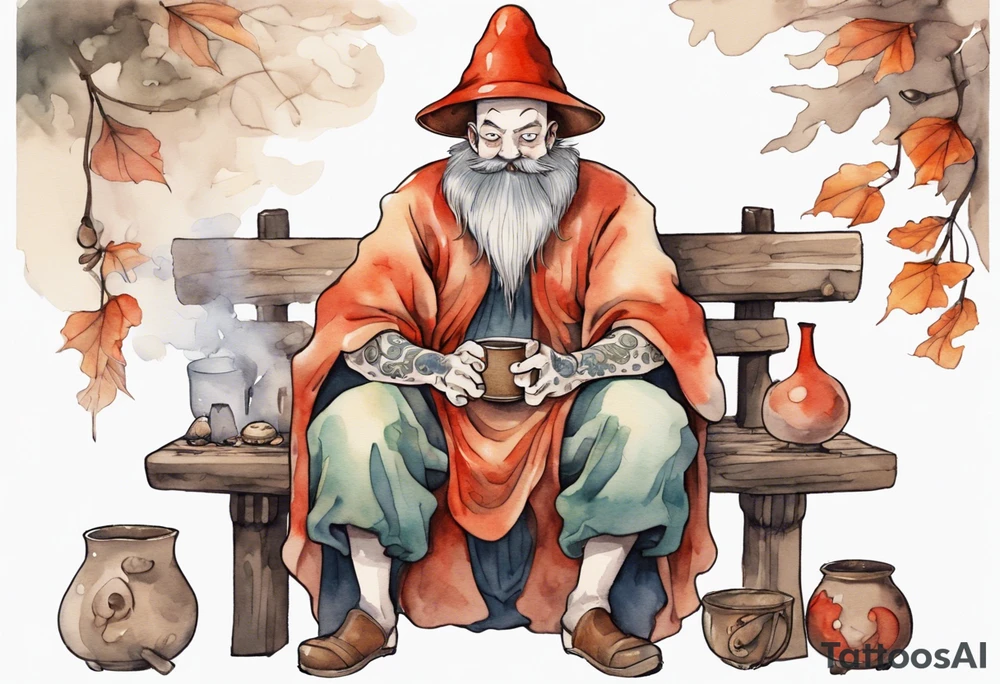 a mushroom-creature with a beard wearing a medieval tunic sitting on a bench by a fireplace drinking from a wood cup, happy tattoo idea