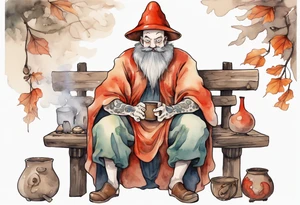 a mushroom-creature with a beard wearing a medieval tunic sitting on a bench by a fireplace drinking from a wood cup, happy tattoo idea