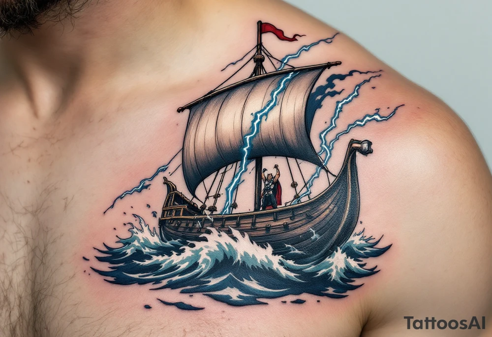 A detailed Viking longship sailing through a storm, with Thor standing at the bow, holding his hammer high as lightning strikes, in full-color realism with dark blues, greys, and silver. tattoo idea