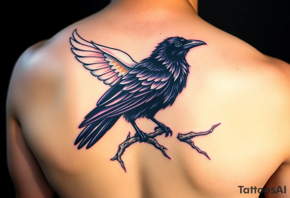 A pure white dove, soaring with soft golden light in its wings, is sharply contrasted with a black raven, its feathers shimmering in deep purples and blacks, perched ominously on a gnarled branch, symbolizing the tension between peace and darkness. tattoo idea