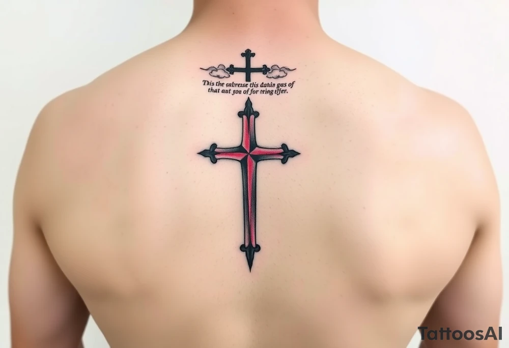Red and black ink inner sleeve tattoo with bible verse the background faint clouds and 3 crosses one red in the middle under a chosen wrist tattoo before the hand/palm tattoo idea