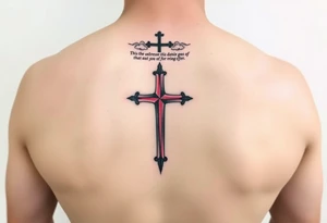 Red and black ink inner sleeve tattoo with bible verse the background faint clouds and 3 crosses one red in the middle under a chosen wrist tattoo before the hand/palm tattoo idea