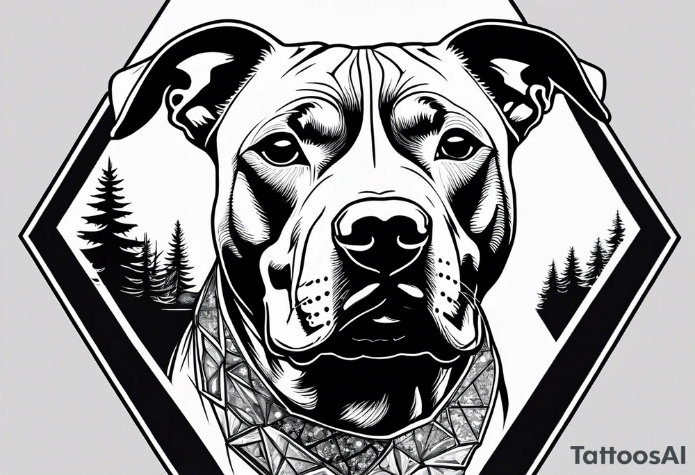 create a tattoo of a realistic pitbull dog in a diamond border. Add subtle trees around the background. tattoo idea