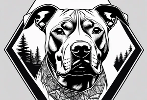 create a tattoo of a realistic pitbull dog in a diamond border. Add subtle trees around the background. tattoo idea