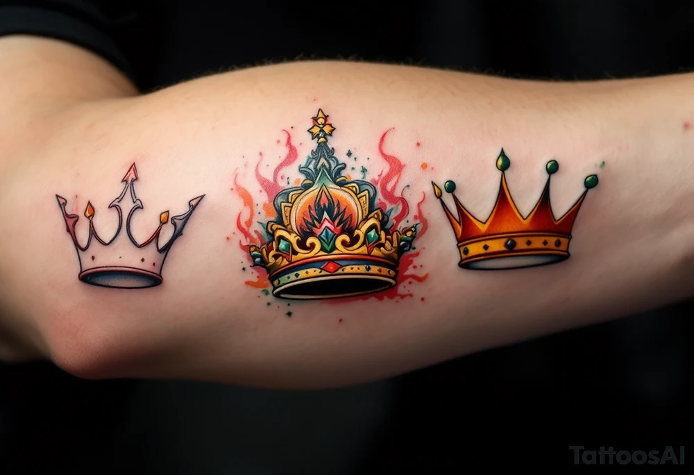 Traditional-style crown tattoos with bold red, green, and yellow ink and thick outlines. tattoo idea