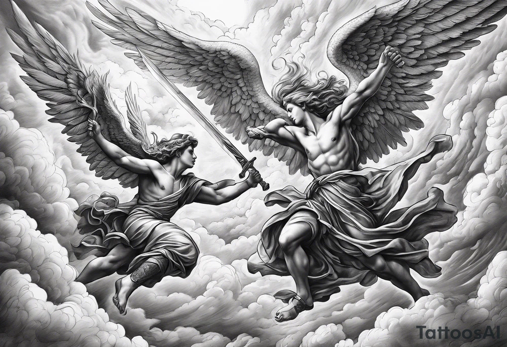 Angels fighting against demons in the clouds tattoo idea
