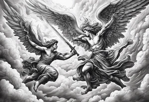 Angels fighting against demons in the clouds tattoo idea