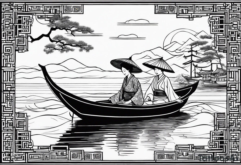 vietnamese lady on boat lanterns water tattoo idea