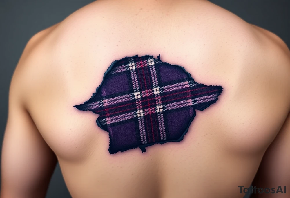 Dark Purple tartan fabric on bicep with skin ripping back to reveal tartan underneath tattoo idea