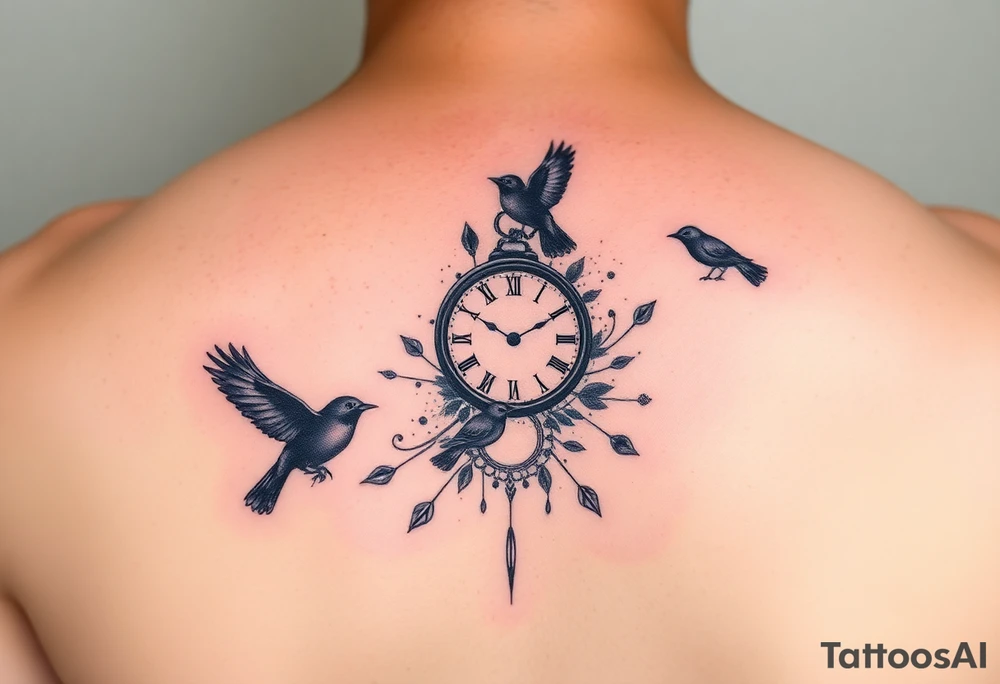 Water color and little black birds and a clock tattoo idea
