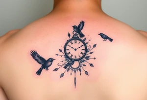Water color and little black birds and a clock tattoo idea