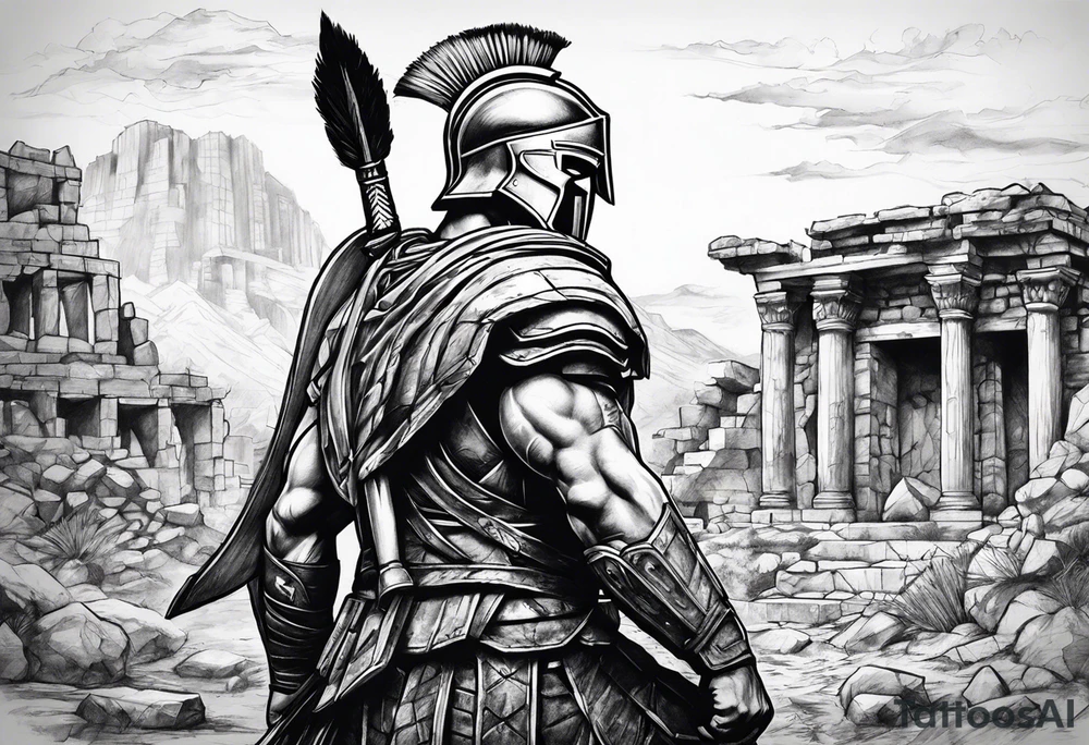 Spartan solider with ruins in forground tattoo idea