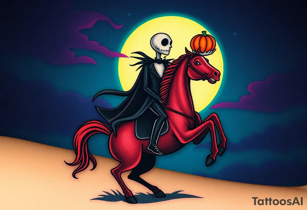Tim Burton’s headless horseman is riding in the night he holds his pumpkin head in hand as his horse bucks upwards and dripping with muted reds, dusty pinks, and eerie green glow.purple and cyan smokey clouds swirl in the crescent moonlit sky thats sprinkled with stars tattoo idea tattoo idea