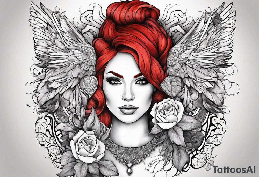 Busty Red haired woman with black haired bearded man tattoo idea