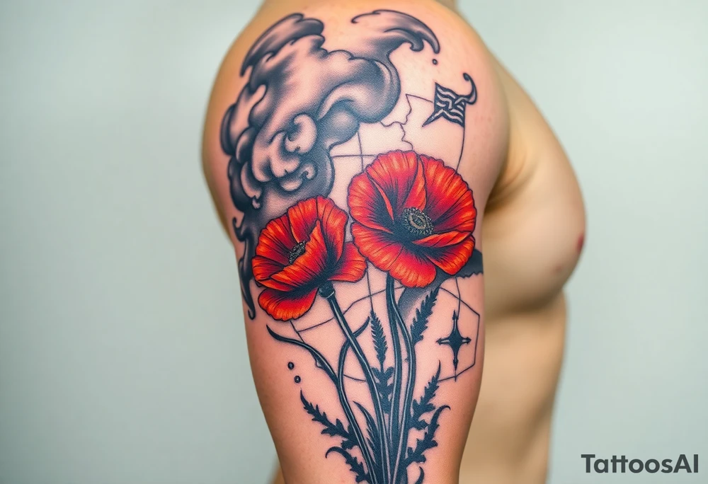 War zone with 2 poppy’s growing out of the smoke with 11B in the background and put this on top of a map tattoo idea