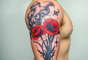 War zone with 2 poppy’s growing out of the smoke with 11B in the background and put this on top of a map tattoo idea