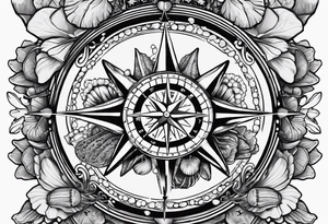 Compass, oyster with pearl, shells, starfish, skull tattoo idea