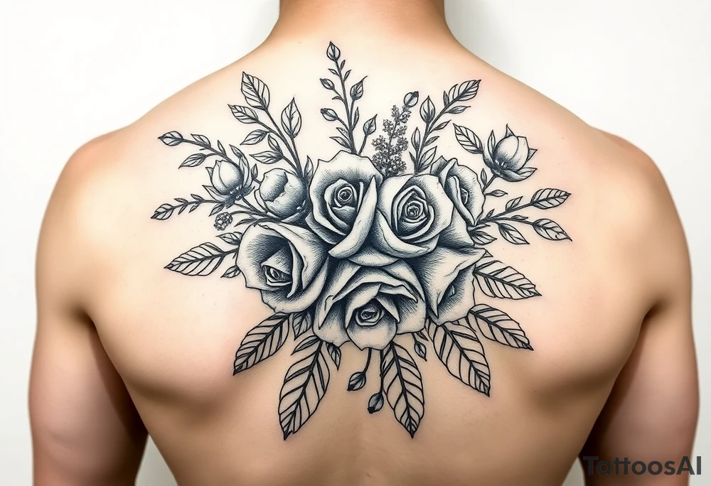 vintage bouquet of wild roses and meadow flowers with morning dew tattoo idea