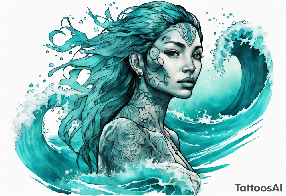 a turquoise Na'vi woman standing in the sea surrounded by crashing waves tattoo idea