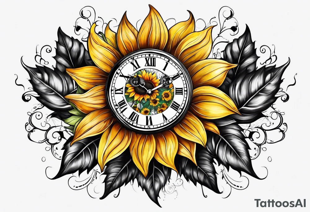 Sunflower clock leaves heart tattoo idea