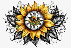 Sunflower clock leaves heart tattoo idea