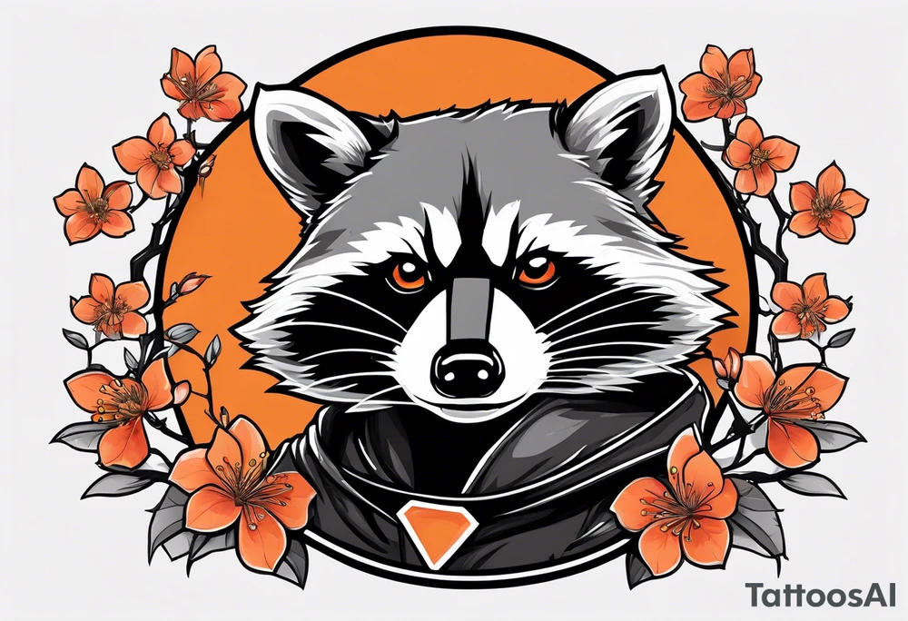 Raccoon wearing a white Superman logo on a black hoodie and orange Japanese cherry blossoms tattoo idea