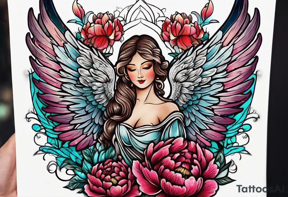 beautiful angel wings with colorful, peonies. beautiful flilligree in the background , full color, traditional old school tattoo idea