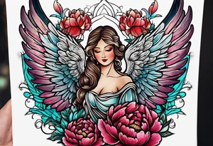 beautiful angel wings with colorful, peonies. beautiful flilligree in the background , full color, traditional old school tattoo idea