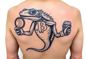 Powerful lizard holding a bitcoin in one hand and coffee in the other hand with socks and slides on tattoo idea