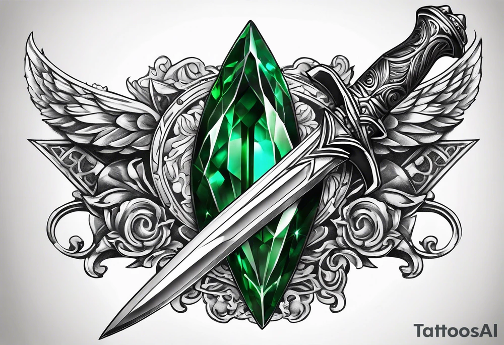 An athame dagger with the hilt turned upward and an emerald gemstone on the hilt not on the blade tattoo idea