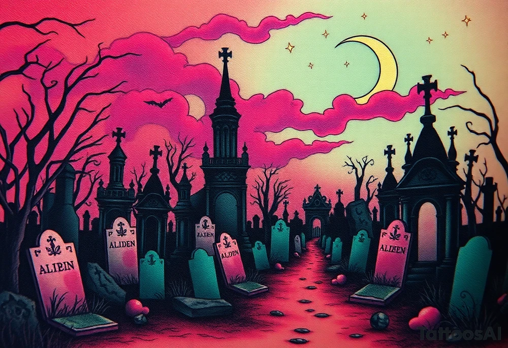Tim Burton’s haunted victorian graveyard is abandoned and dripping with muted reds, dusty pinks, and eerie green glow.purple and cyan smokey clouds swirl in the crescent moonlit sky thats sprinkled with stars tattoo idea tattoo idea